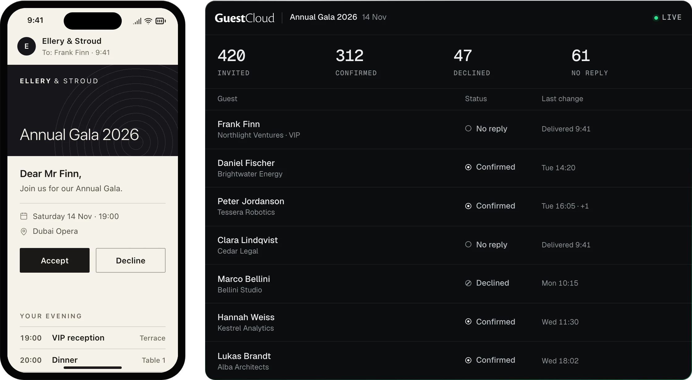 A guest’s invitation on a phone beside the live guest list your team sees
